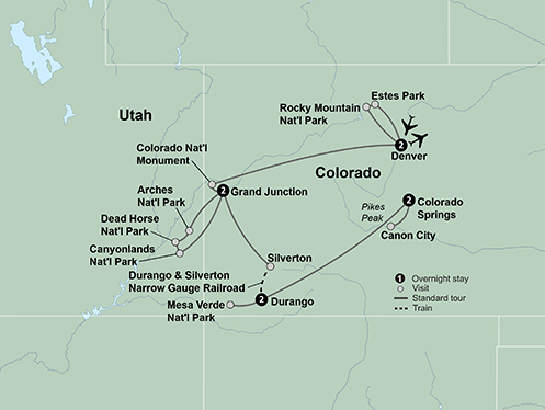 tourhub | Collette | The Colorado Rockies featuring National Parks and Historic Trains | 12936 | Route Map