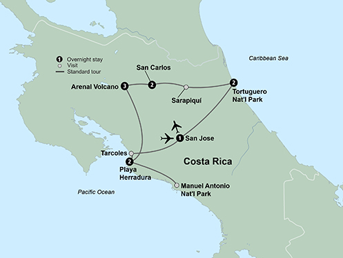 Tour | Costa A World of Nature featuring Tortuguero National Park, Arenal Volcano & Manuel Antonio Park | | 13011