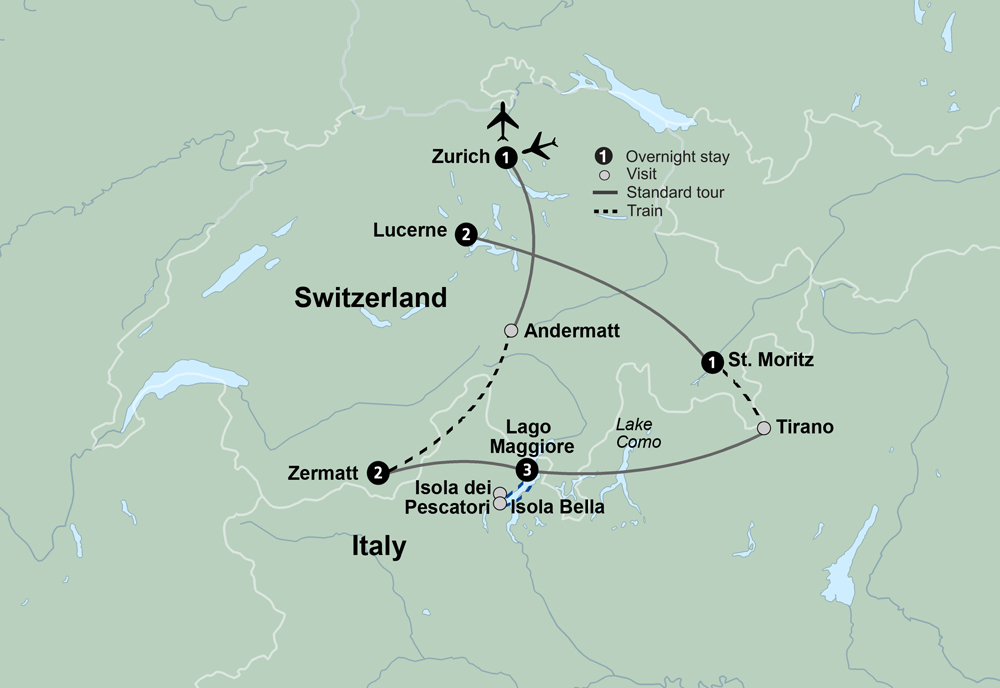 tourhub | Collette | Alpine Lakes & Scenic Trains featuring a cruise on Lake Maggiore and scenic trains in Switzerland & Italy | Tour Map