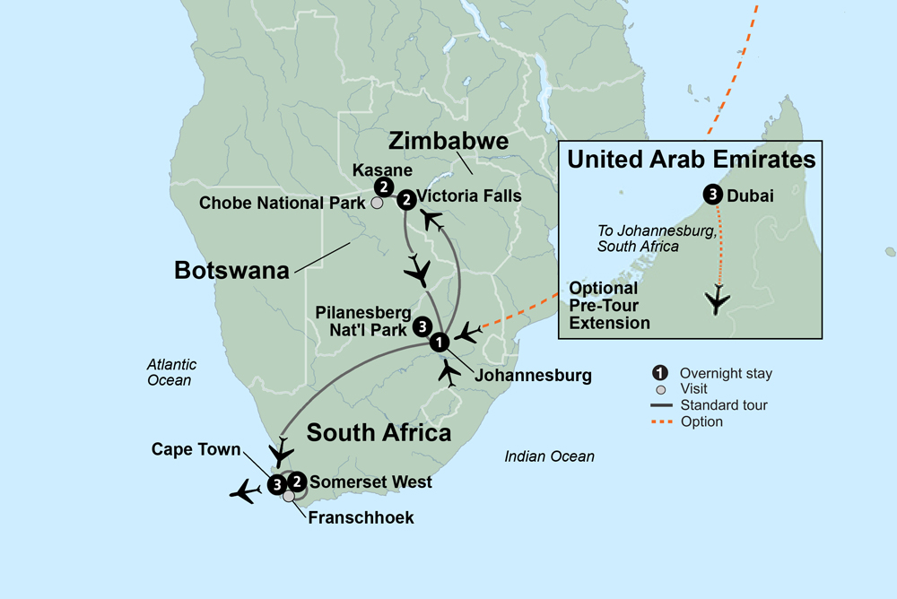 S Africa Victoria Falls & Botswana Itinerary Map