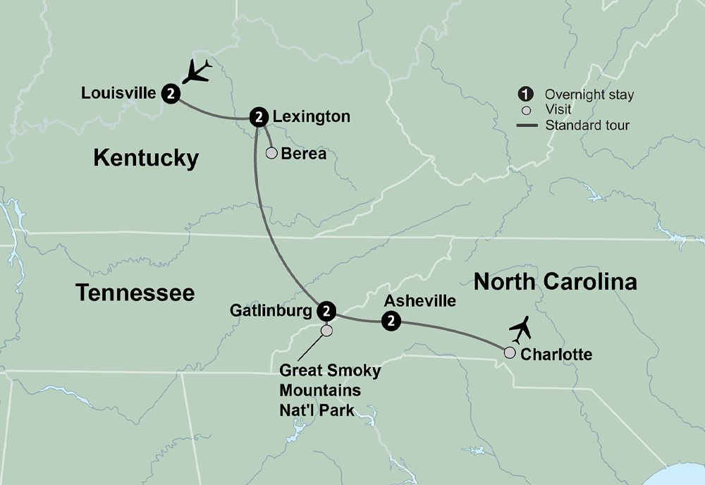 Bluegrass Country & Smoky Mountains Itinerary Map