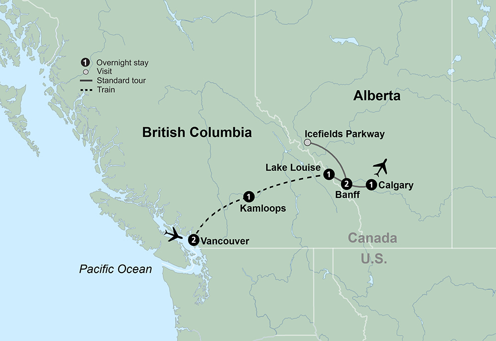 Canadian Rockies featuring Rocky Mountaineer Itinerary Map