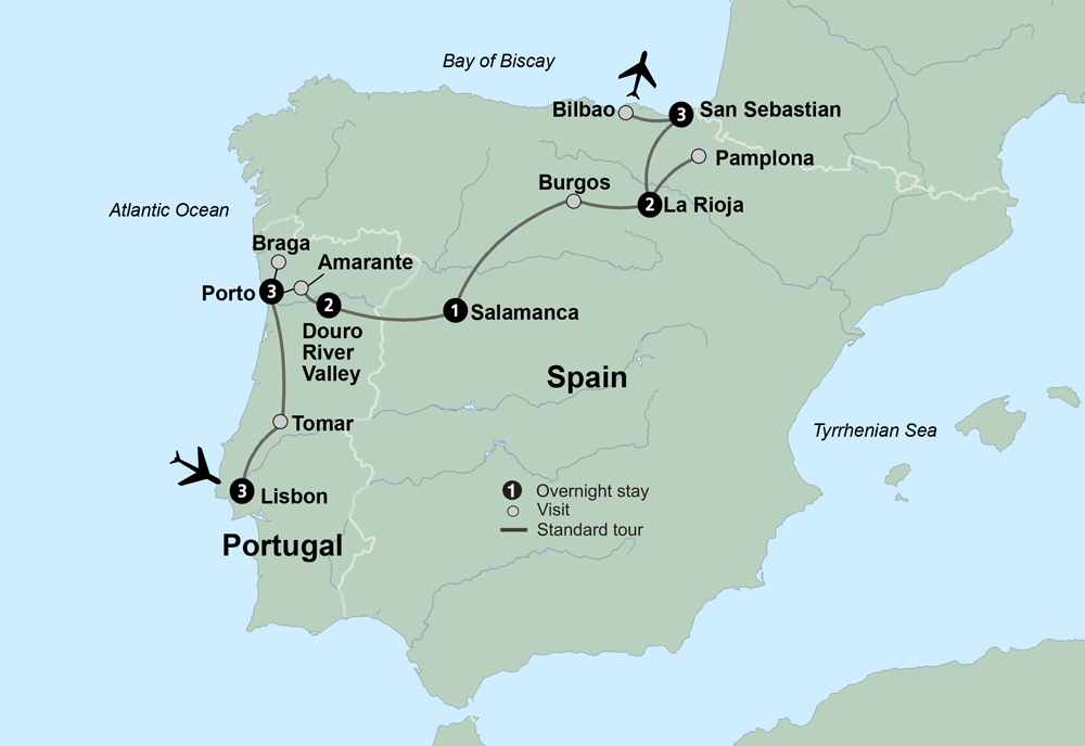 tourhub | Collette | Flavors of Portugal & Spain:  featuring the Douro and Rioja Wine Regions | Tour Map