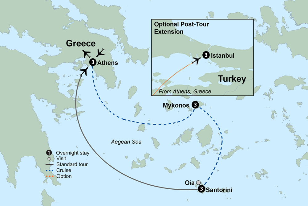 tourhub | Collette | Greece Island Hopper featuring Athens, Mykonos and Santorini | Tour Map