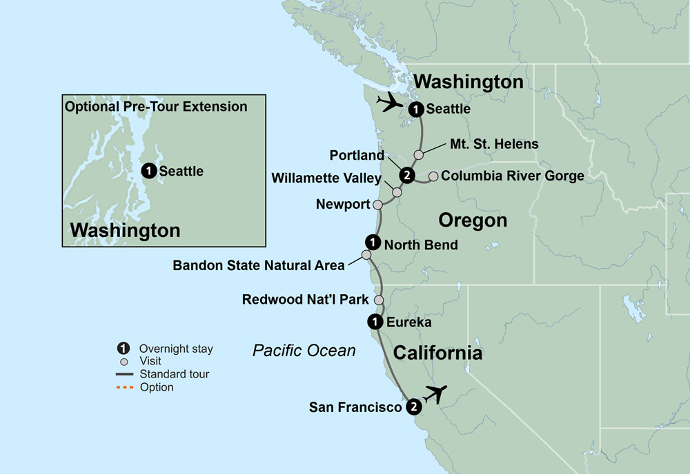 Pacific Northwest & California Itinerary Map