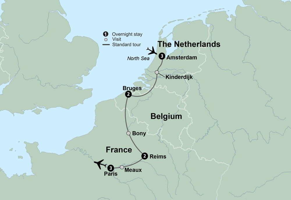Netherlands, Belgium & France Itinerary Map