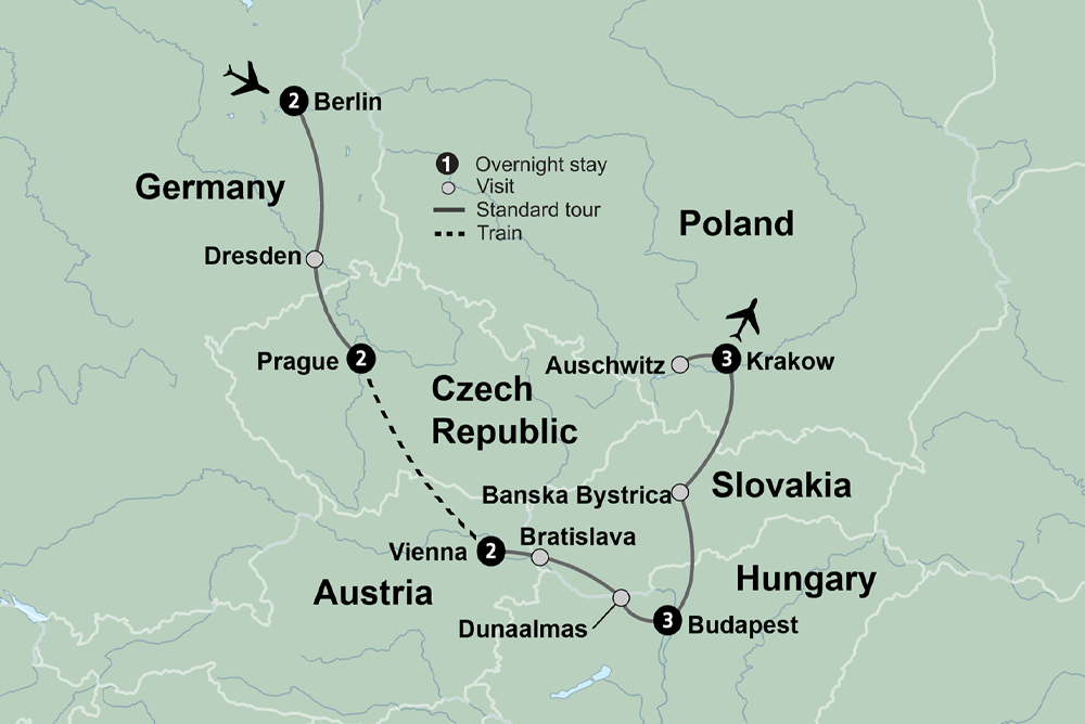 tourhub | Collette | Majestic Cities of Central & Eastern Europe featuring Berlin, Prague, Vienna, Budapest & Krakow | Tour Map