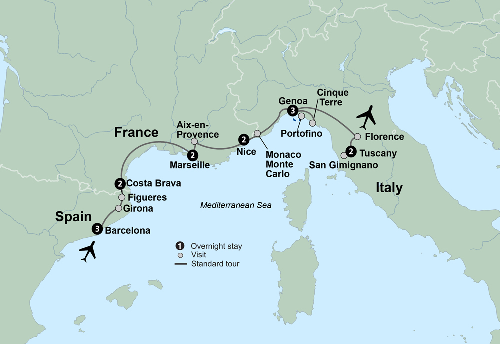 Mediterranean Coastal Journey: Spain, France & Italy Itinerary Map