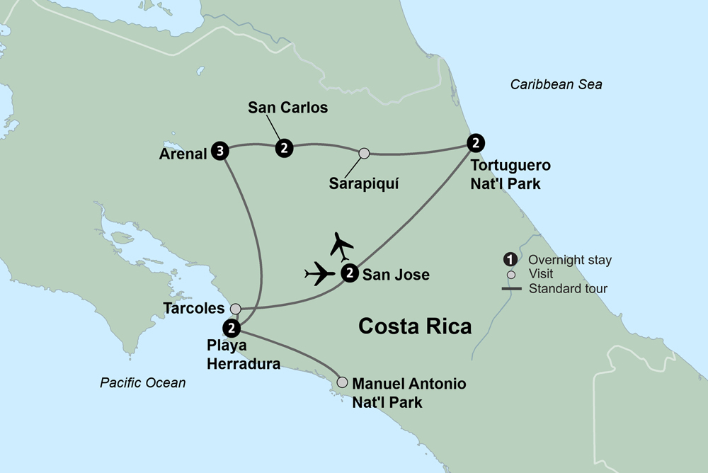 tourhub | Collette | Costa Rica: A World of Nature featuring Tortuguero National Park, Arenal Volcano & Manuel Antonio National Park | Tour Map