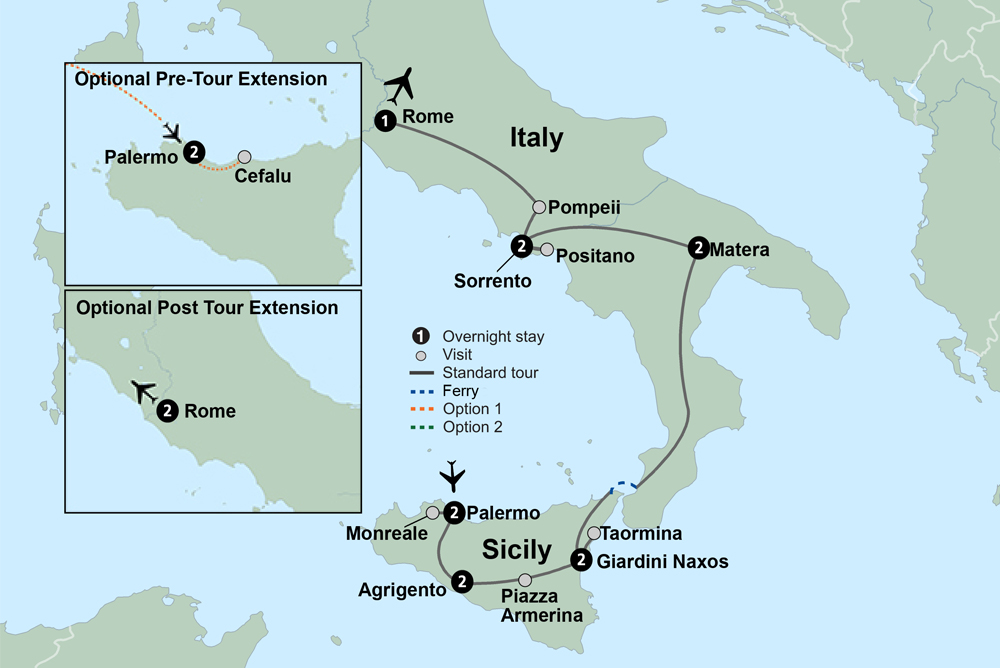 tourhub | Collette | Southern Italy & Sicily featuring Taormina, Matera and the Amalfi Coast | Tour Map