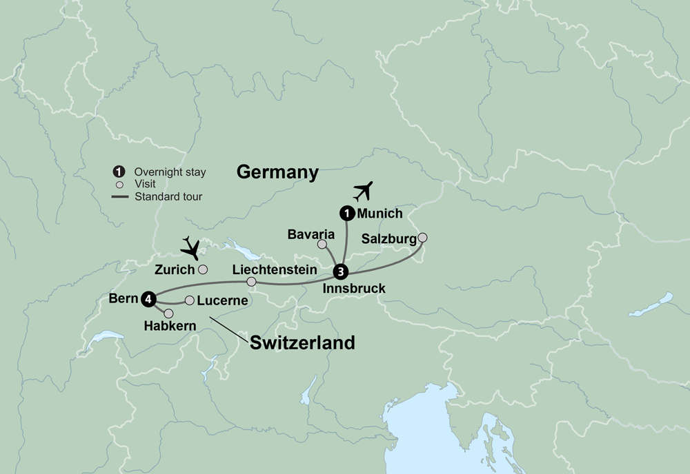 tourhub | Collette | Discover Switzerland, Austria & Bavaria featuring Oktoberfest | Tour Map