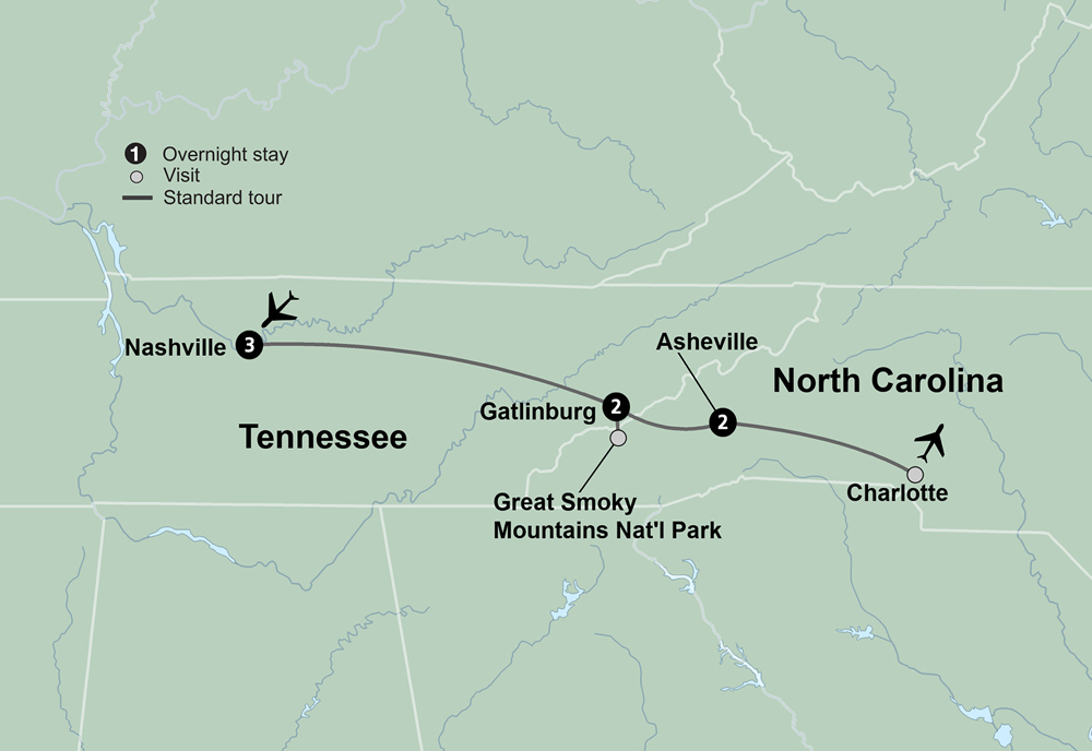 tourhub | Collette | Nashville & the Smoky Mountains Holiday featuring Gatlinburg & Asheville | Tour Map