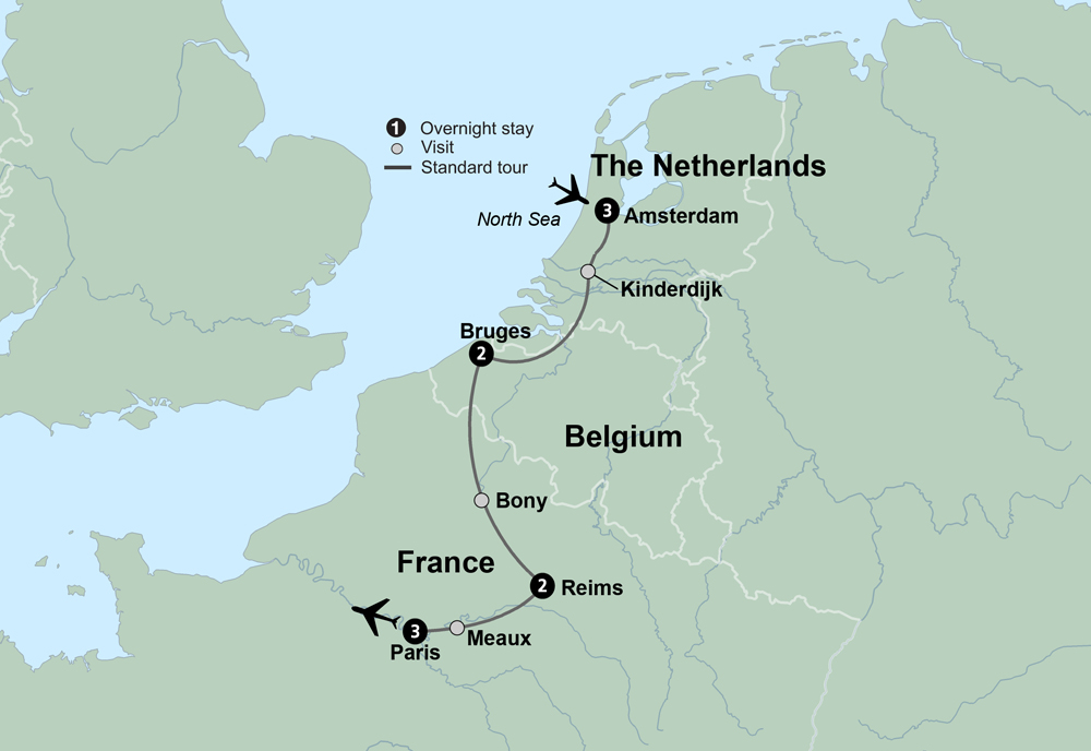 Canals, Champagne & Culture: A Journey through the Netherlands, Belgium & France Itinerary Map