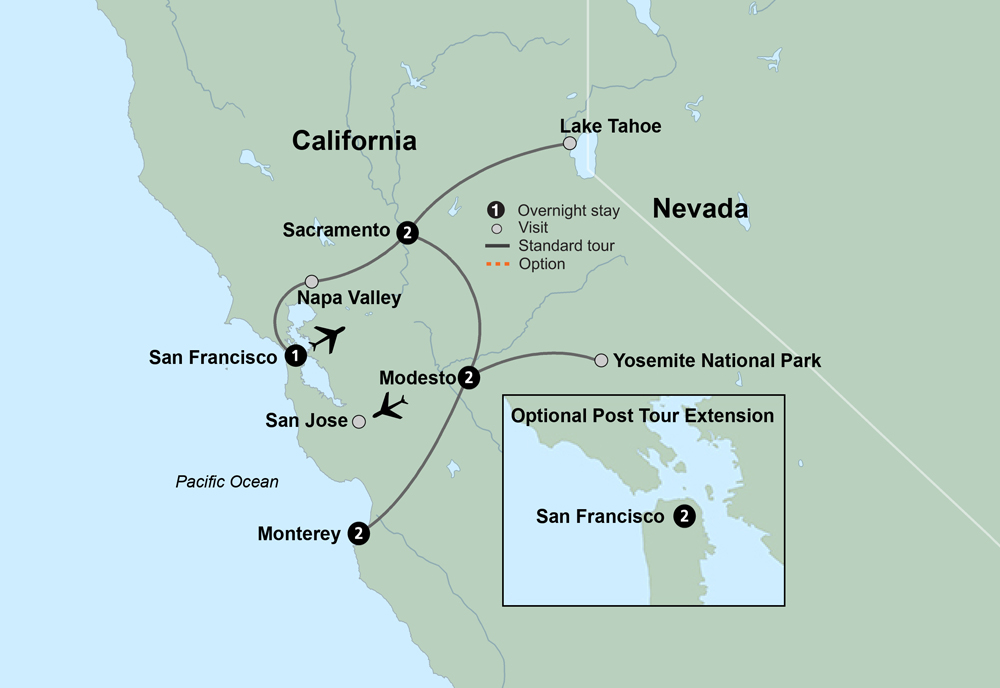 California Dreamin: Monterey, Yosemite and Napa Itinerary Map