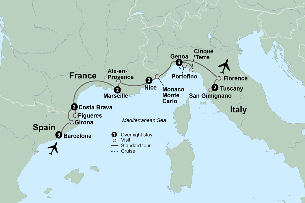 Mediterranean Coastal Journey: Spain, France & Italy Itinerary Map