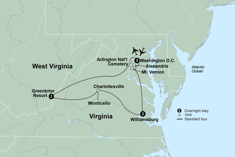 American Heritage featuring the Greenbrier Resort Itinerary Map