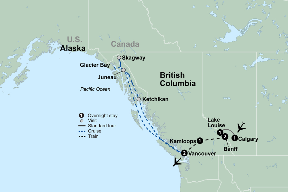 tourhub | Collette | Canadian Rockies and Alaska's Inside Passage featuring Rocky Mountaineer and a 7-night Alaska Cruise | Tour Map