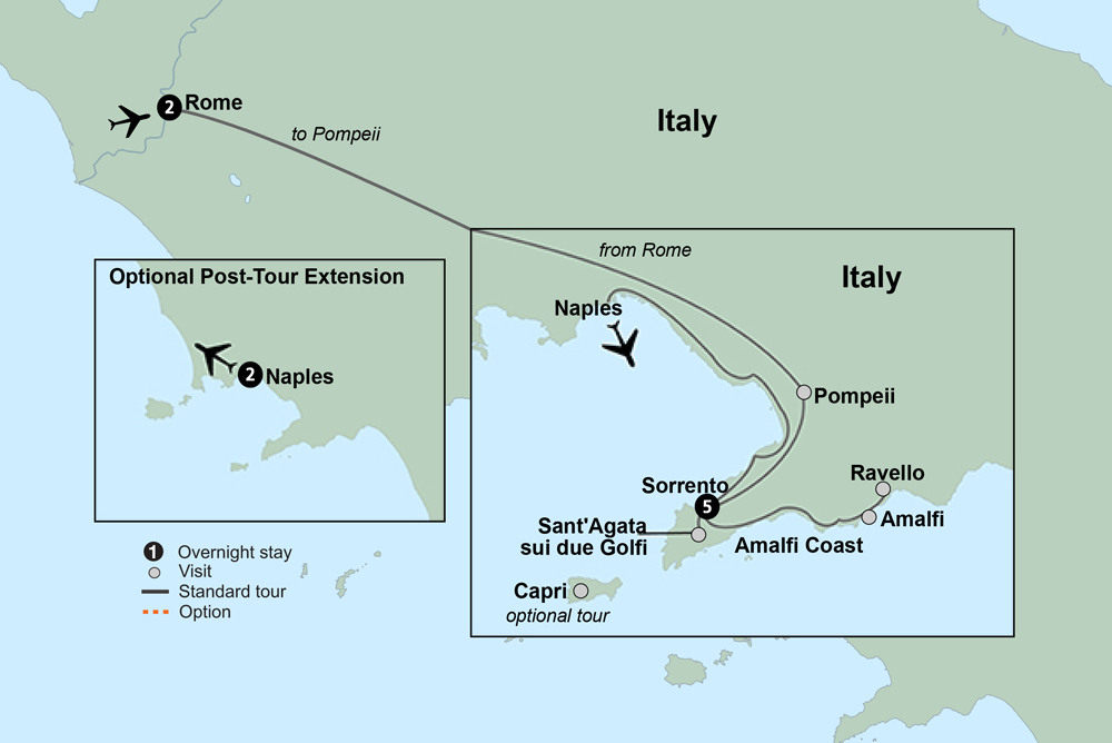 Rome, Sorrento & the Amalfi Coast featuring Amalfi & Ravello Itinerary Map