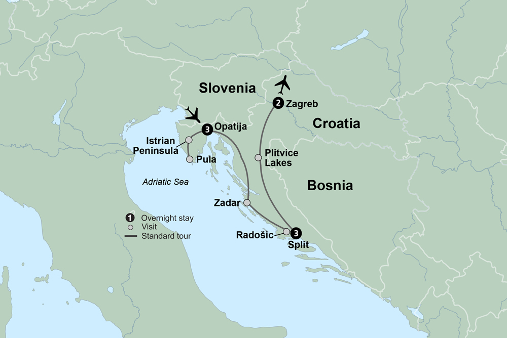 Winter in Croatia featuring Plitvice Lakes and the Adriatic Coast Itinerary Map