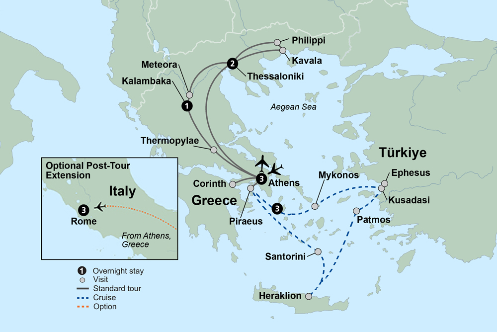 Greece: In the Footsteps of Paul the Apostle featuring a 3-night Greek Islands & Turkiye cruise Itinerary Map
