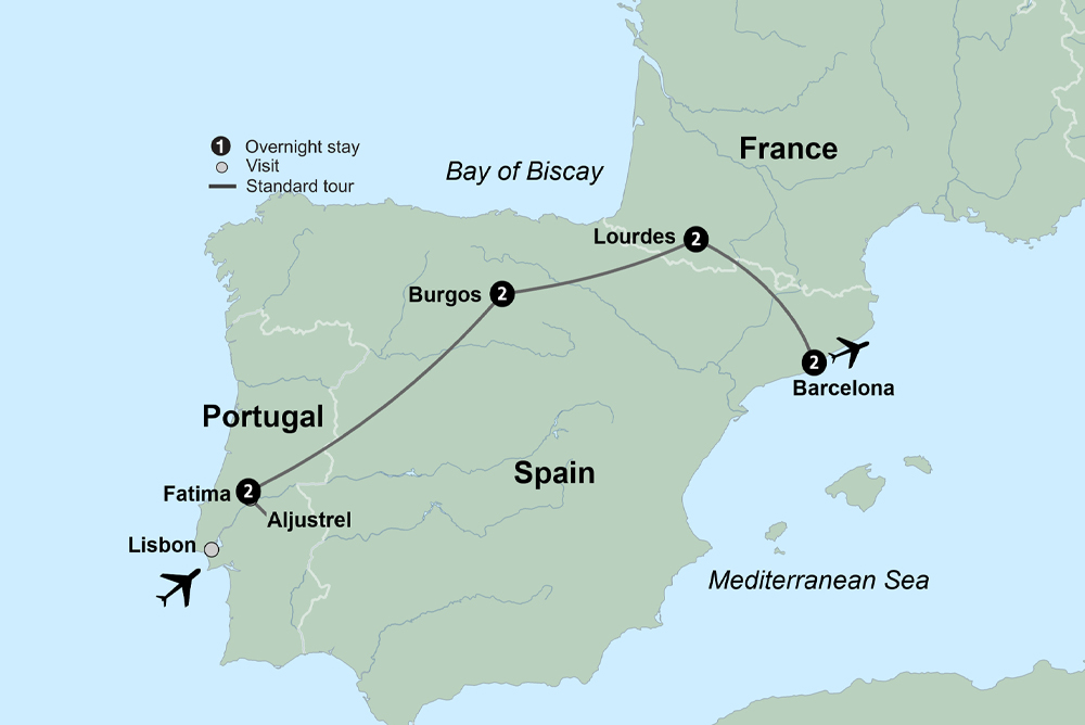 Pilgrimage to Fatima & Lourdes with Barcelona Itinerary Map