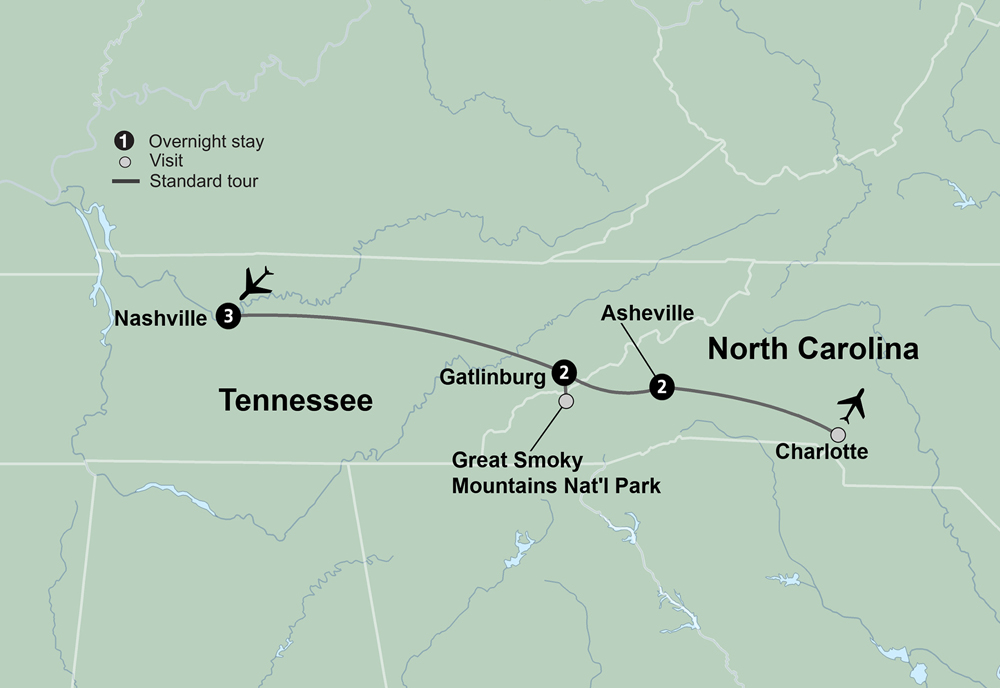 Nashville & the Smoky Mountains Holiday featuring Gatlinburg & Asheville Itinerary Map