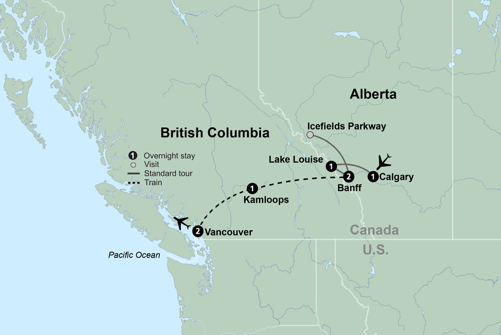 Canadian Rockies featuring Rocky Mountaineer Westbound Itinerary Map