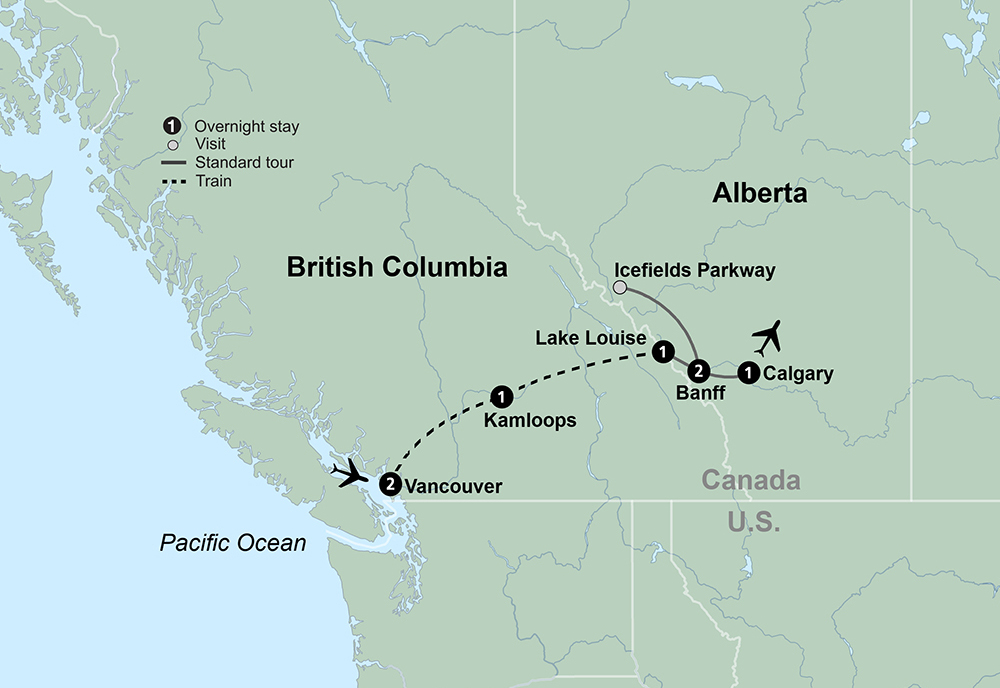 Canadian Rockies featuring Rocky Mountaineer Eastbound Itinerary Map
