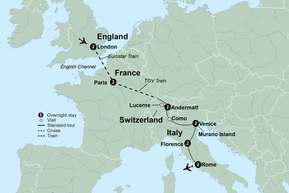 Treasures of Europe from London to Rome Itinerary Map