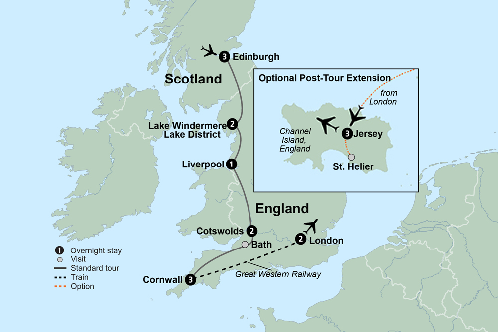 Coasts & Countrysides of England featuring the Royal Edinburgh Military Tattoo, Liverpool & London Itinerary Map