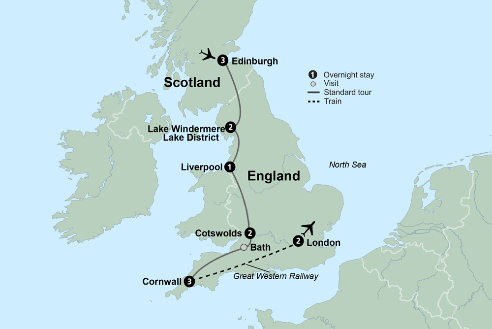 Coasts & Countrysides of England with Edinburgh, Liverpool & London Itinerary Map