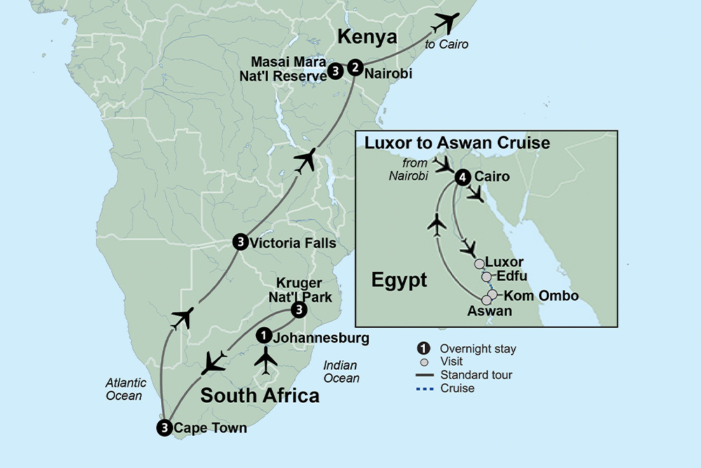 Cape Town to Cairo: The Ultimate African Expedition featuring Victoria Falls, Maasai Mara, and 4-Night Luxor to Aswan Cruise Itinerary Map