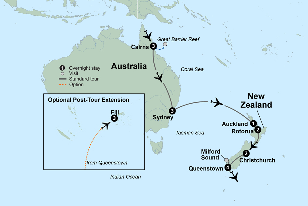 South Pacific Wonders including New Zealand's North Island Itinerary Map