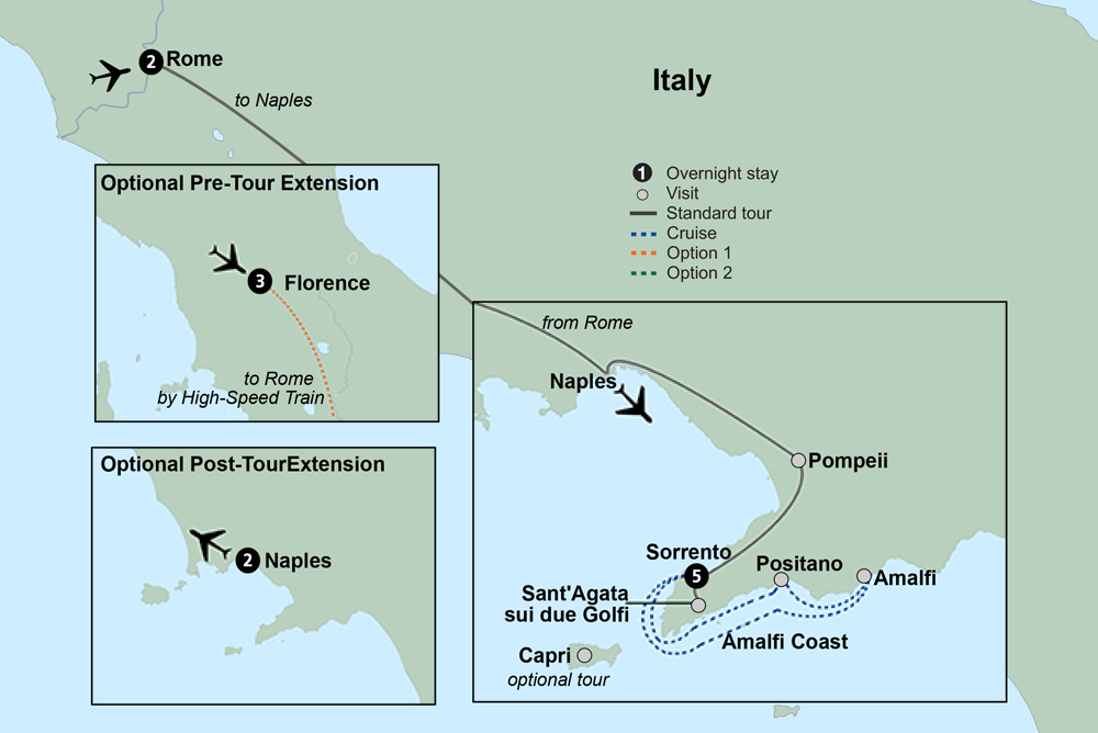 Map of Rome, Sorrento & the Amalfi Coast featuring Amalfi & Positano from Collette