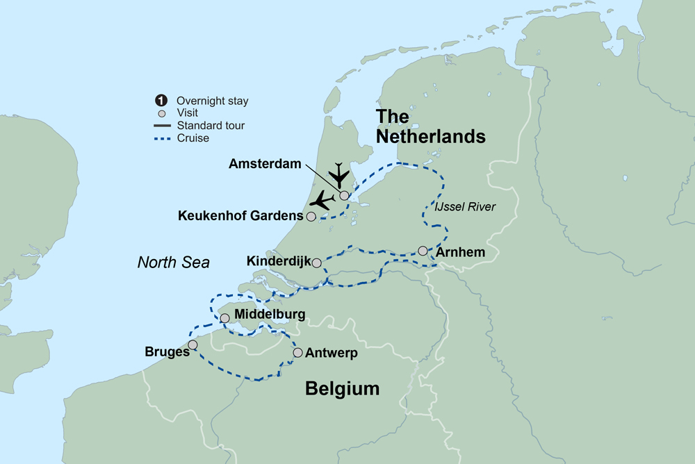 Holland and Belgium Springtime River Cruise Itinerary Map