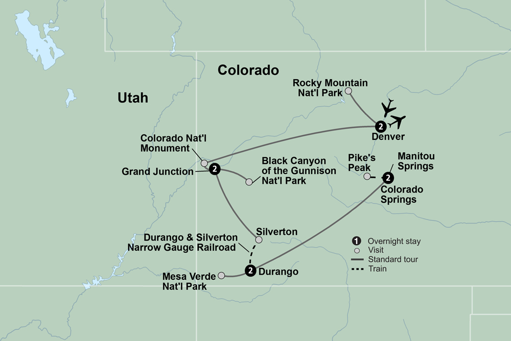 The Colorado Rockies featuring National Parks and Historic Trains Itinerary Map