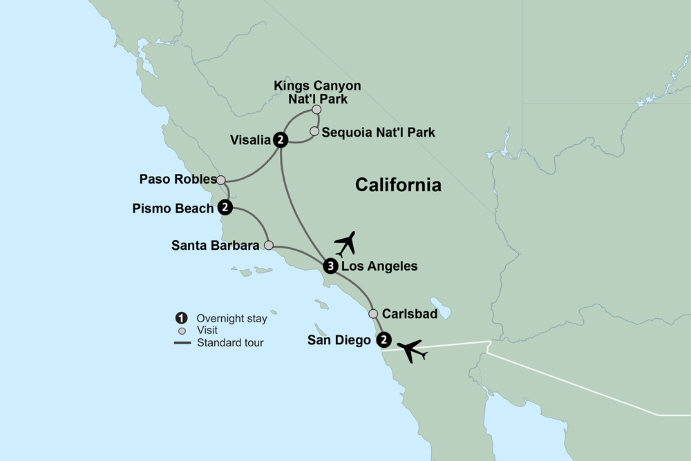 Coastal California & Sequoia National Park featuring San Diego, Los Angeles & Pismo Beach Itinerary Map