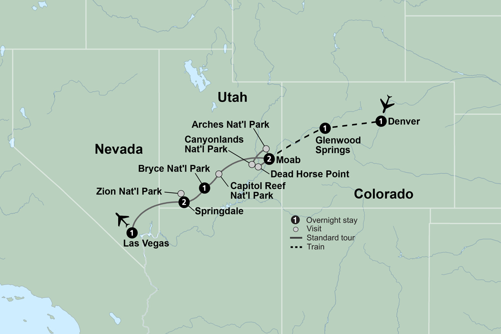 Utah’s Mighty Five and The Rockies featuring 2 days aboard the Canyon Spirit train