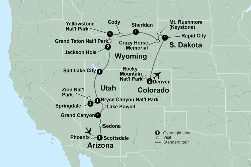 America's National Parks & Denver Itinerary Map