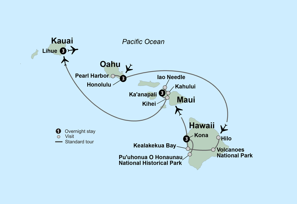 Grand Hawaiian Adventure Four Islands featuring O'ahu, Big Island, Maui and Kauai Itinerary Map