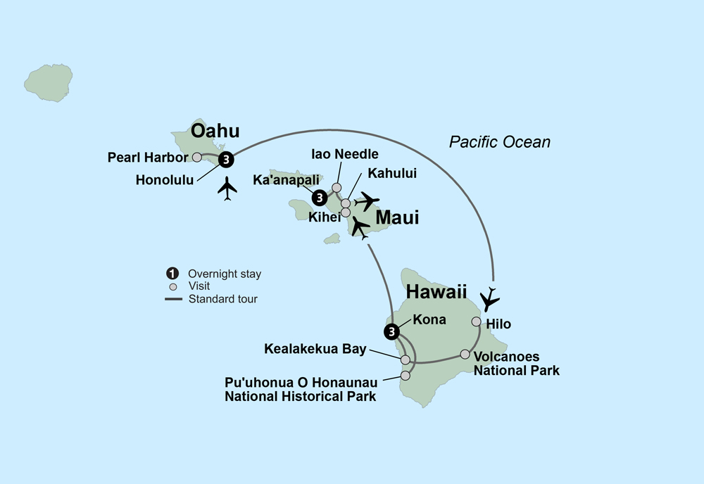 Hawaiian Adventure Three Islands featuring O'ahu, Big Island and Maui Itinerary Map